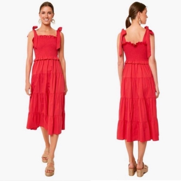 Tuckernuck Alannah Smocked Cotton Poppy Red Midi Dress - Picture 1 of 7